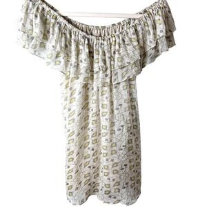 Crystal Candy Off-Shoulder Ruffle Blouse Yellow Gray Print